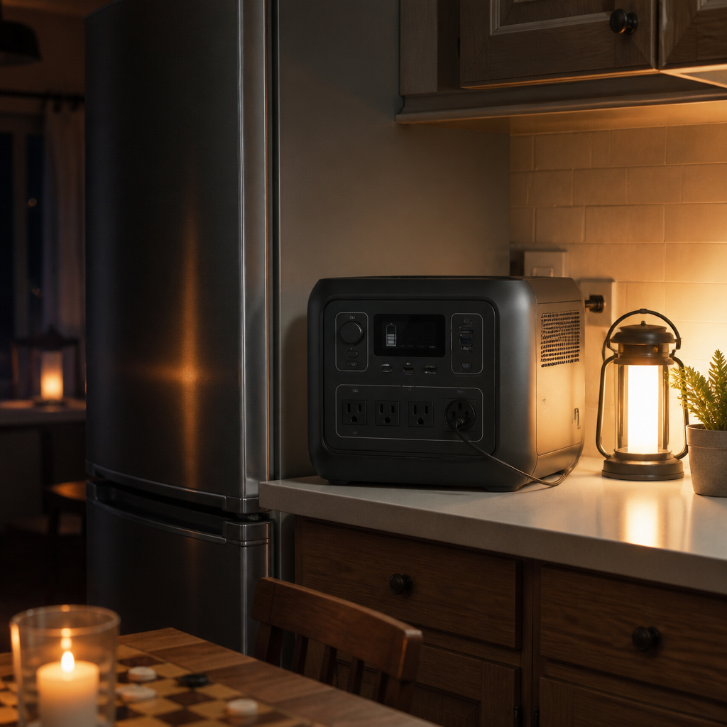 Portable power station providing home backup power in a kitchen during an outage