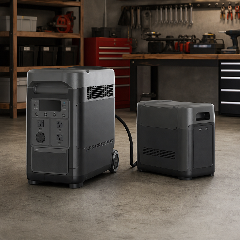 Modular portable power station with expansion battery in a garage