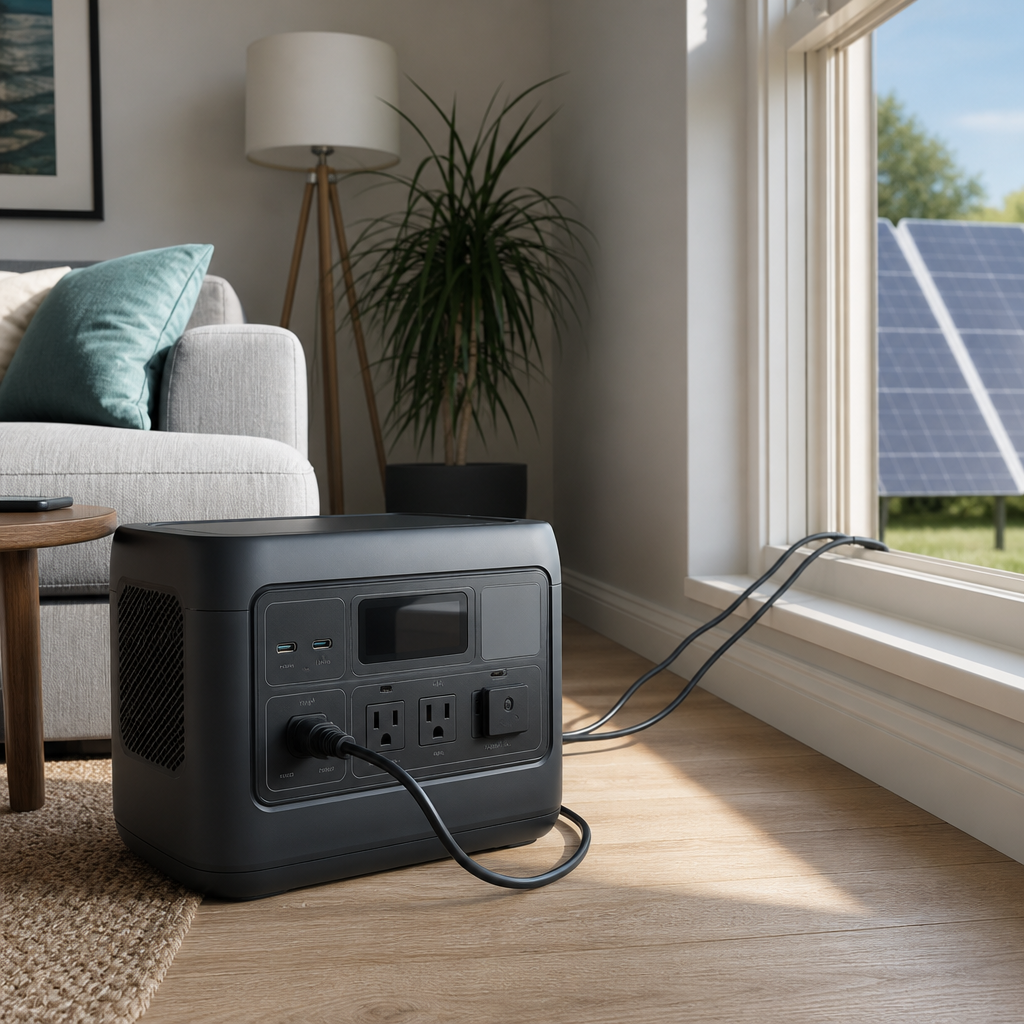Large portable power station charging via solar panel cables in a living room