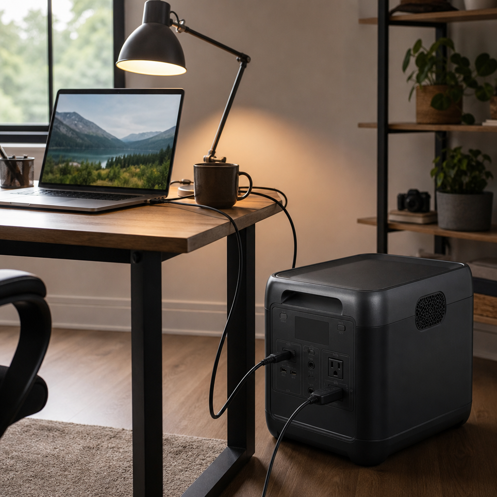 Portable power station powering a home office setup