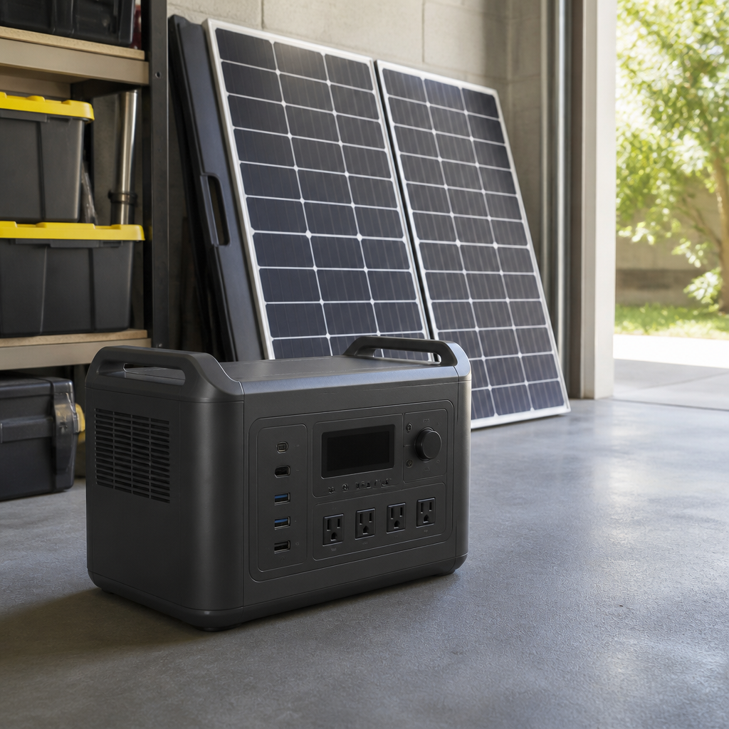 Portable power station with solar panels in a garage