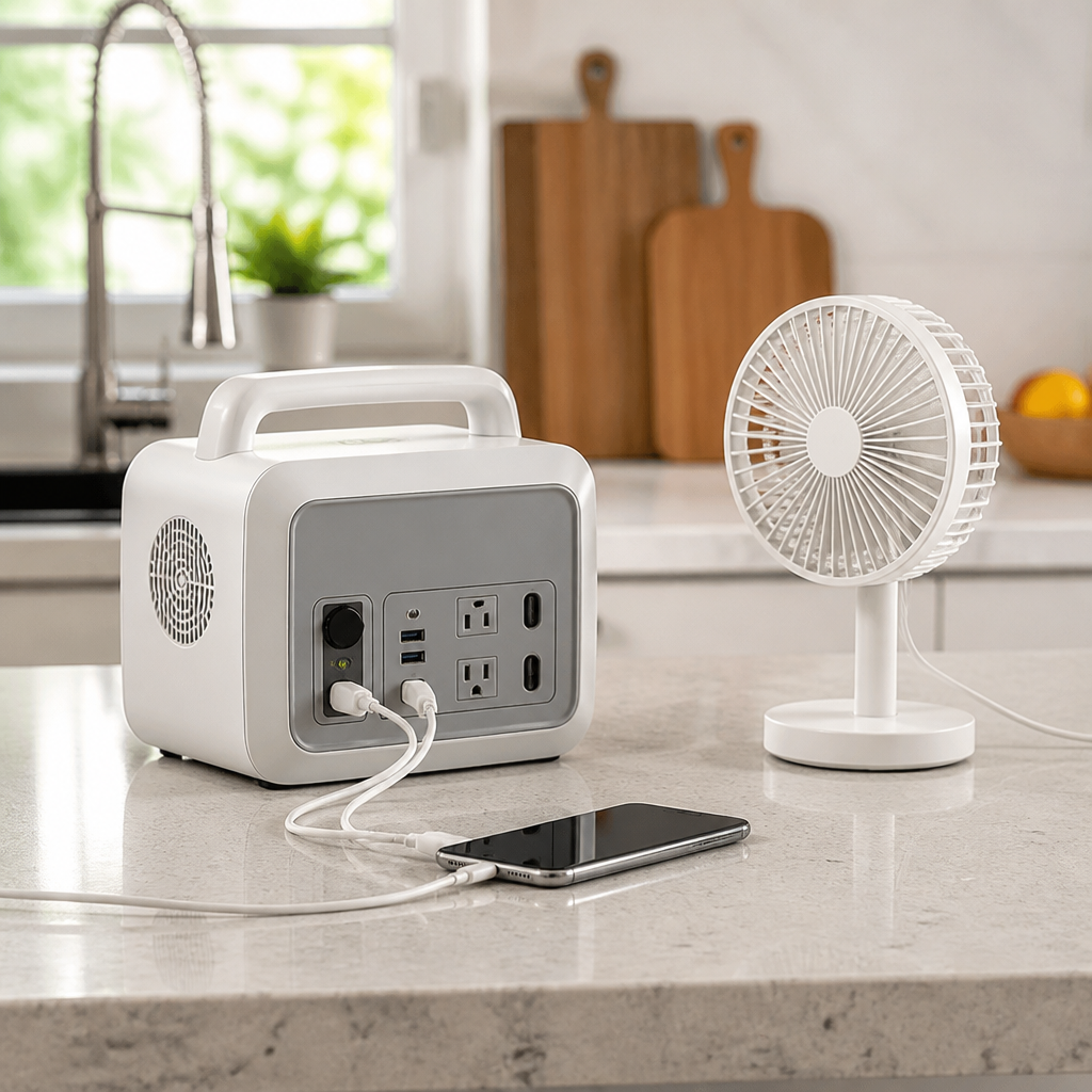 Compact portable power station charging small devices in a kitchen