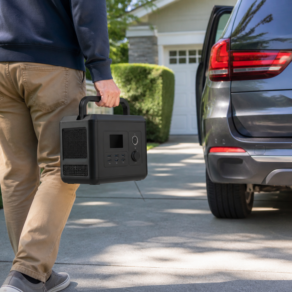 Lightweight portable power station being carried to a vehicle