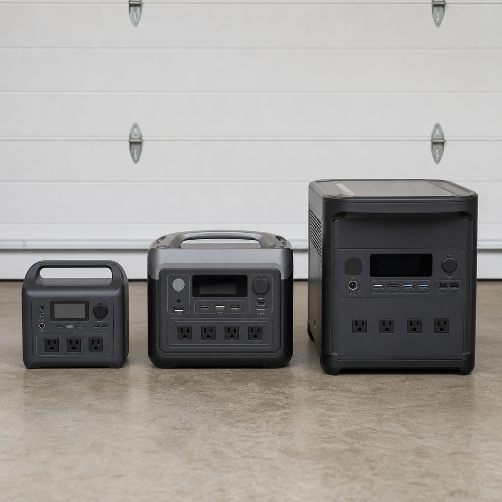 Several portable power stations lined up for comparison