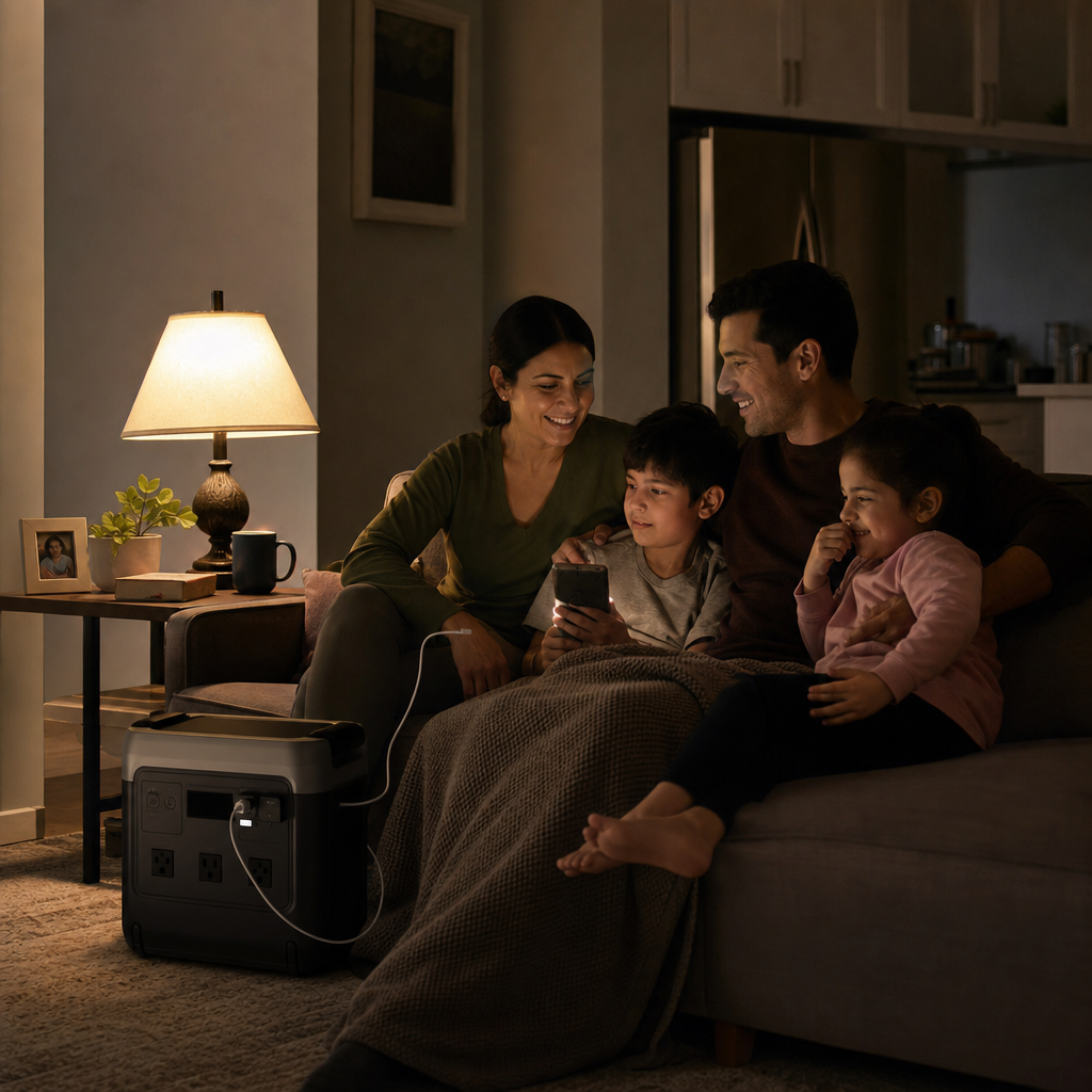 Family using a portable power station for home backup during an outage