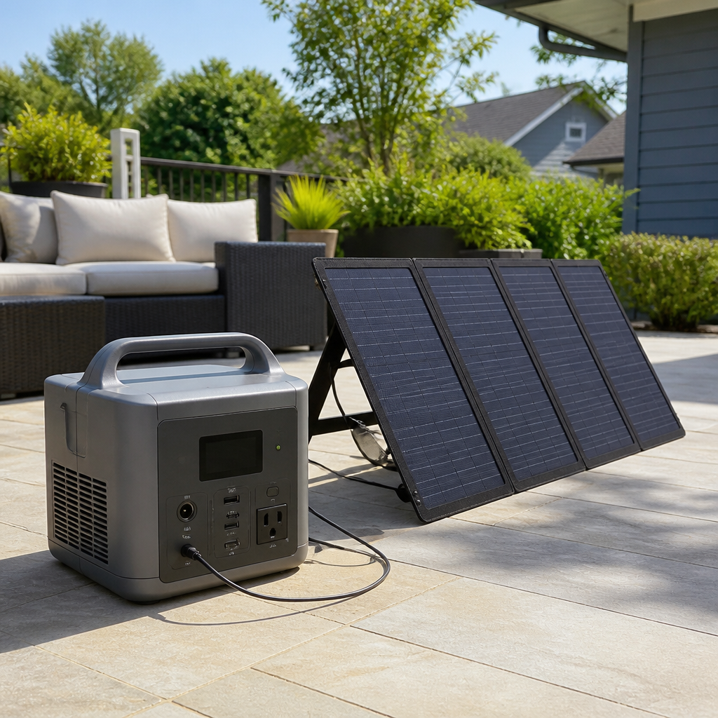 Portable power station charging from a folding solar panel outdoors
