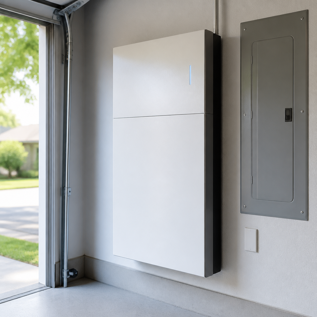 Wall-mounted home battery backup system near an electrical panel