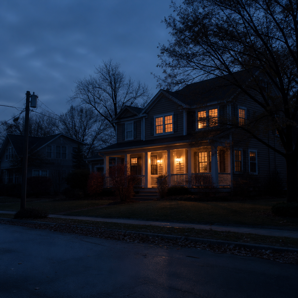 House with lights on during a neighborhood power outage