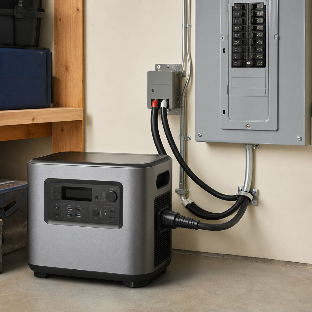 Portable power station connected to a home electrical panel
