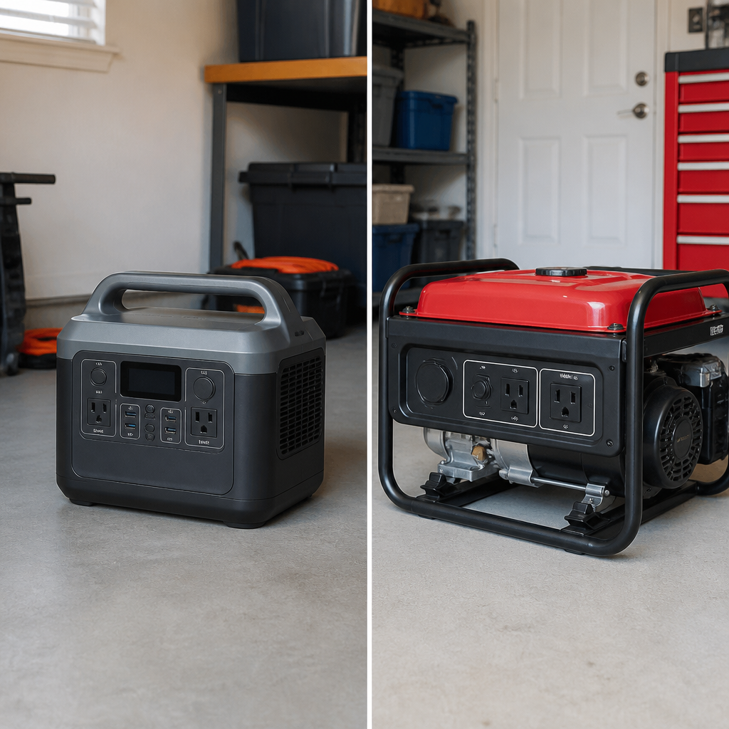 Portable power station next to a traditional gas generator
