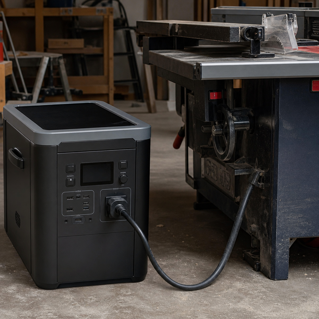 Portable power station providing 240V output in a workshop