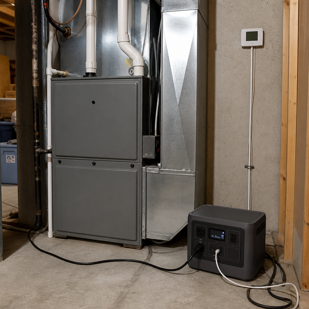 Portable power station connected near a home furnace