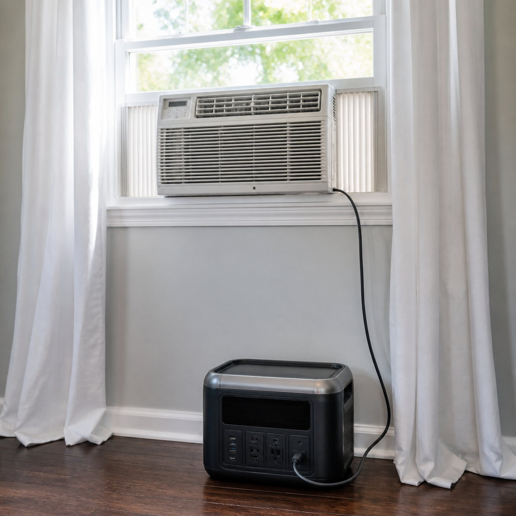 Portable power station powering a window air conditioner