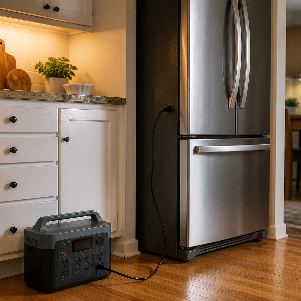 Portable power station powering a kitchen refrigerator
