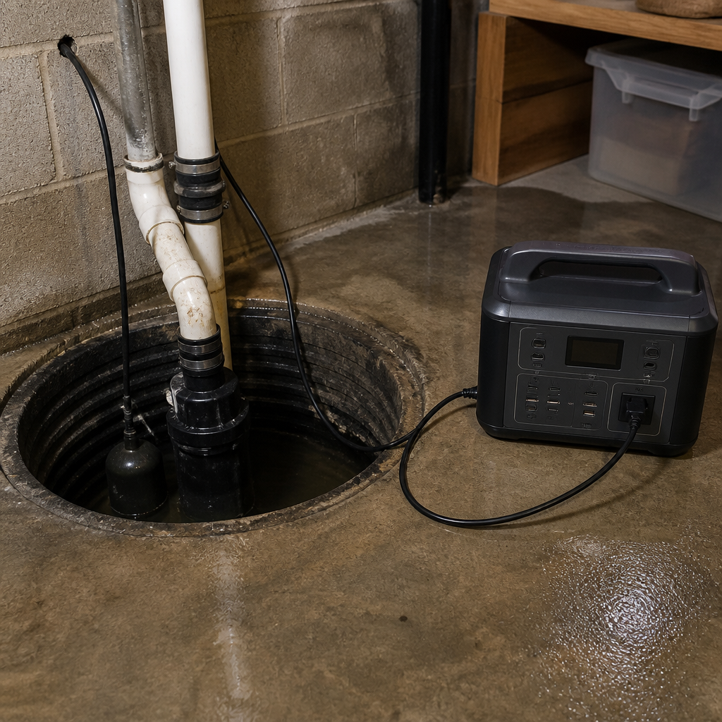 Portable power station connected to a basement sump pump