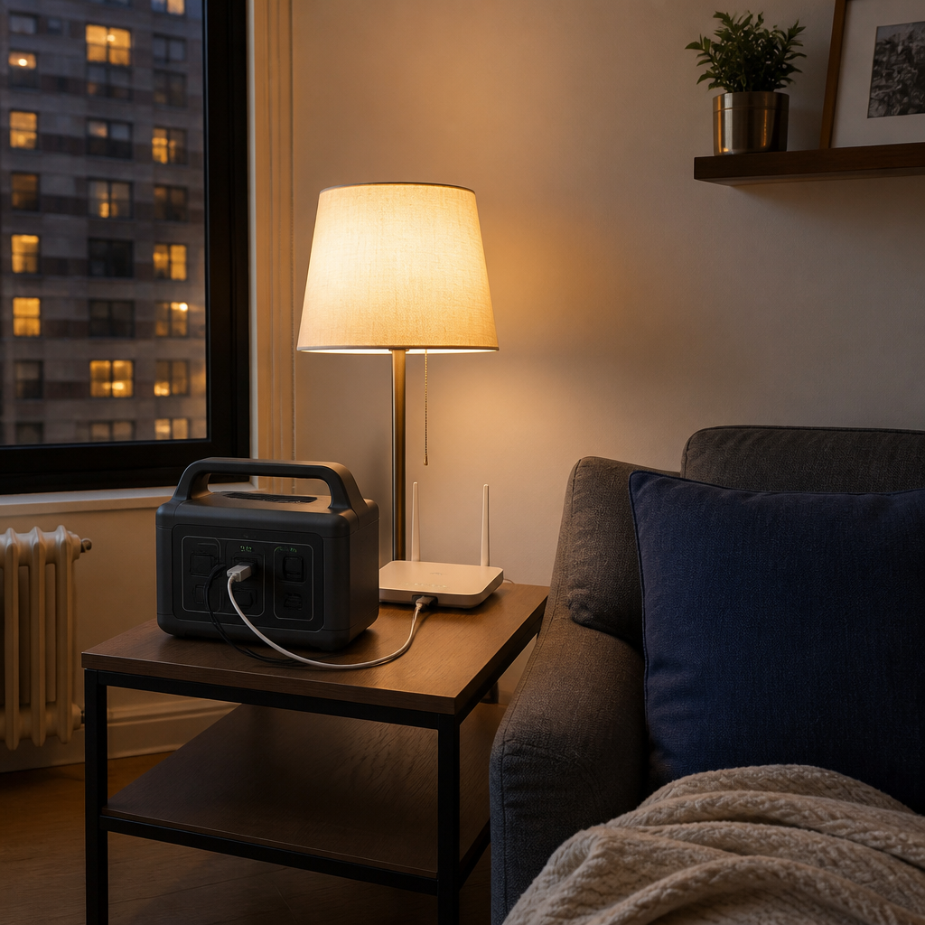 Compact portable power station in a small apartment during an outage