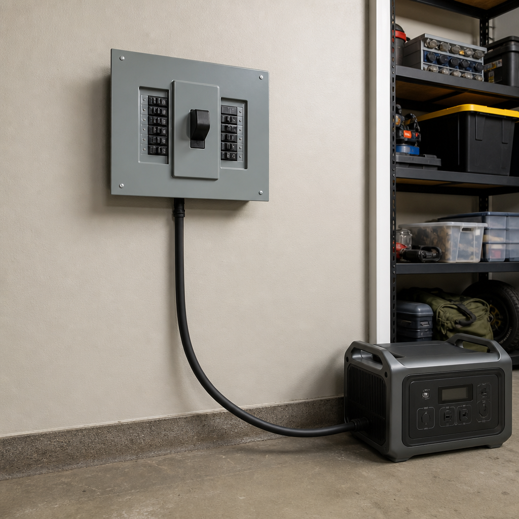 Portable power station connected to a home transfer switch panel