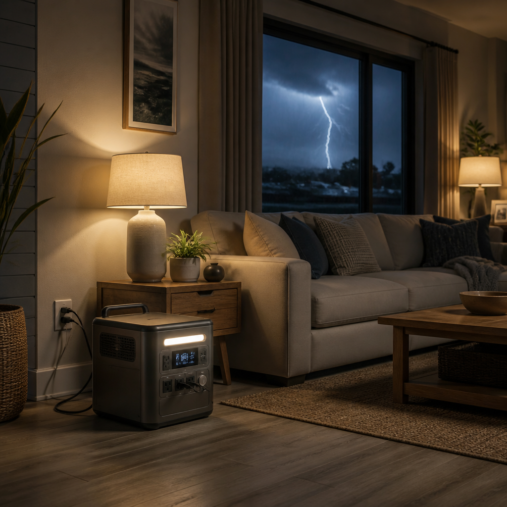 Portable power station providing backup power in a home during a storm